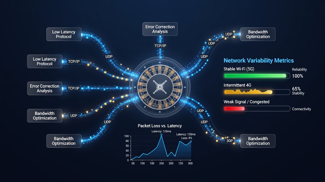 Grafiek van latency en packet loss in mobiele netwerken tijdens roulette-sessies